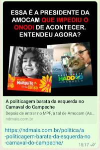 Cacau Menezes usou foto de presidenta da Amocam para tentar responsabilizar Marquito.
